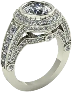 Engagement ring with a round diamond in a full bezel above a pavé dome