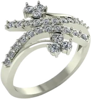 Bypass ring with sweeping rows of pavé diamonds ending in three-stone clusters
