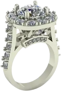 Engagement ring with a round diamond and halo raised on a tall open gallery