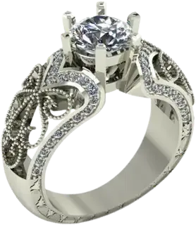 Solitaire engagement ring with a round diamond above pierced filigree shoulders