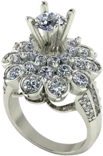 Flower shaped diamond ring with bezel-set petals and a raised round centre diamond