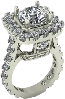 Engagement ring with a round diamond in a halo on a scalloped diamond eternity band