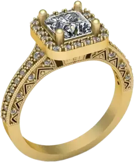 Engagement ring with a princess cut diamond in a cushion-shaped halo and pavé cathedral shoulders