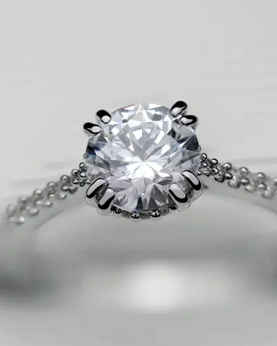 Close view of a round diamond solitaire ring with double claws and a pavé diamond band