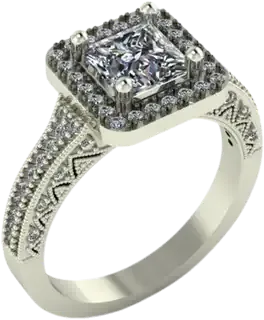 Engagement ring with a square diamond inside a double halo on a split pavé band