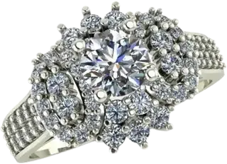 Starburst cluster ring with a round centre diamond and radiating diamonds on a pavé band