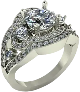 Three stone engagement ring with a round centre diamond, two side diamonds and a pavé surround