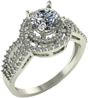 Engagement ring with a round diamond in a halo and three rows of pavé diamonds on each shoulder