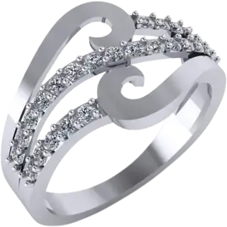Ring with two curved rows of pavé diamonds and a polished gold scroll between them